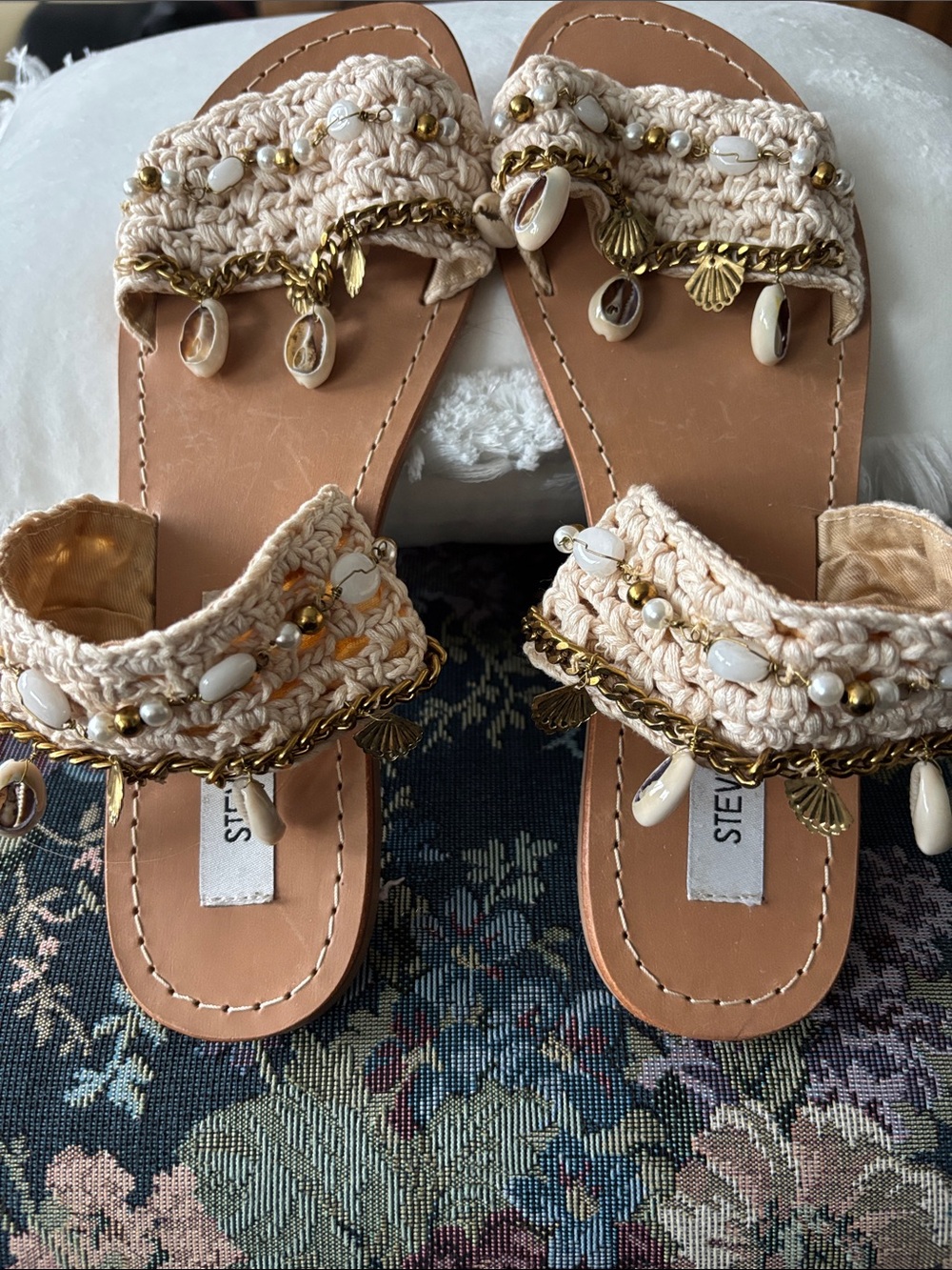 Steve Madden Cream Crochet Shell Slide Sandals with Gold Accents